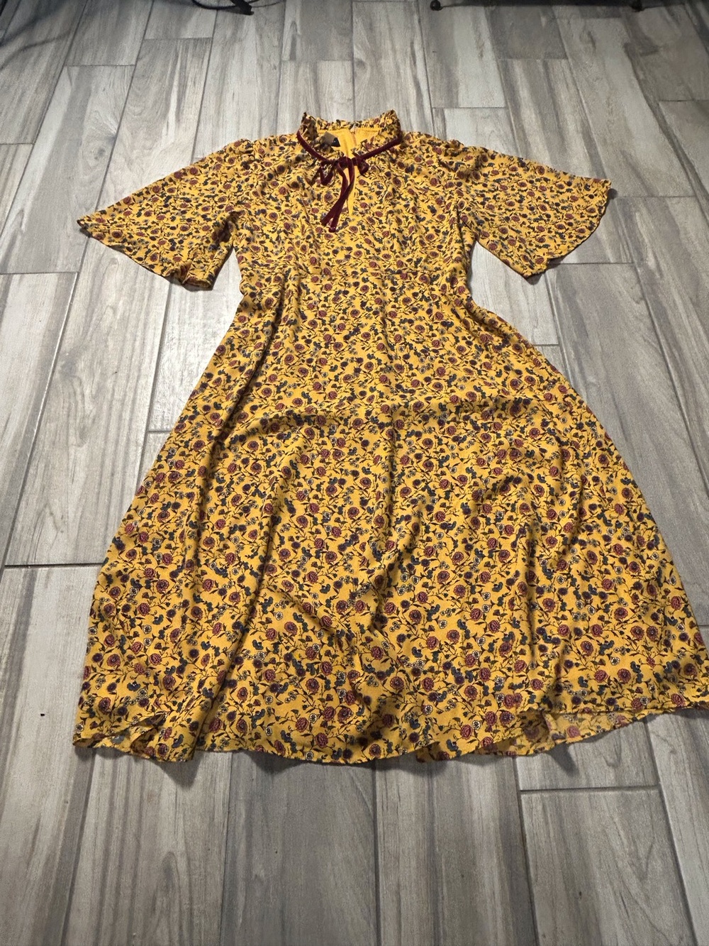 Yellow Floral Dress 12 Velvet Tie Bell Sleeves Ruffle Neckline Boho Victorian